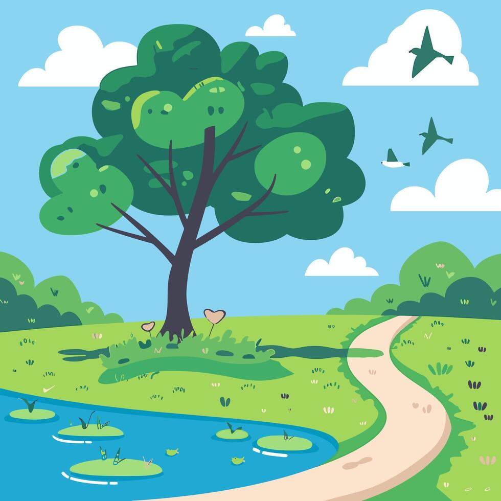 illustration of a tree, lake vector