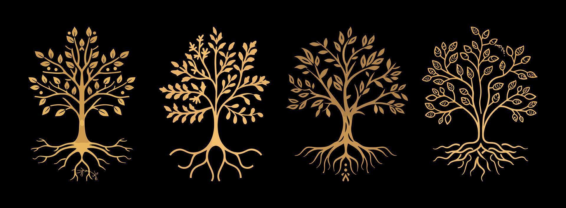 oak tree with leaves on the trunk and roots vector