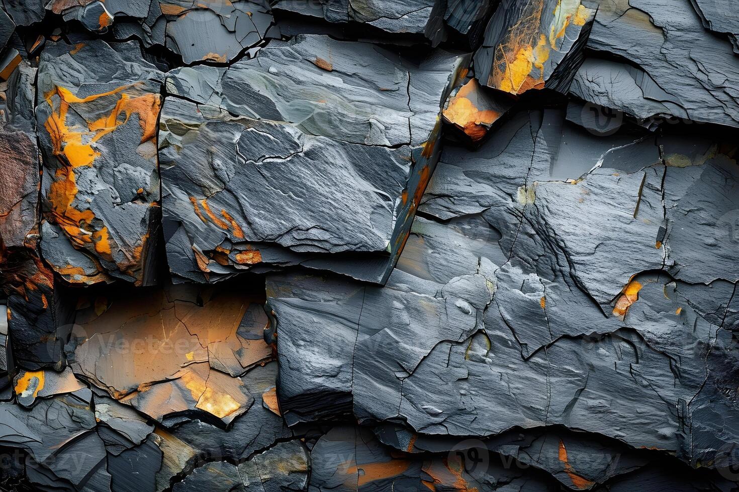 Abstract Natural Slate Rock Layers with Orange Mineral Deposits for Texture and Background Design photo