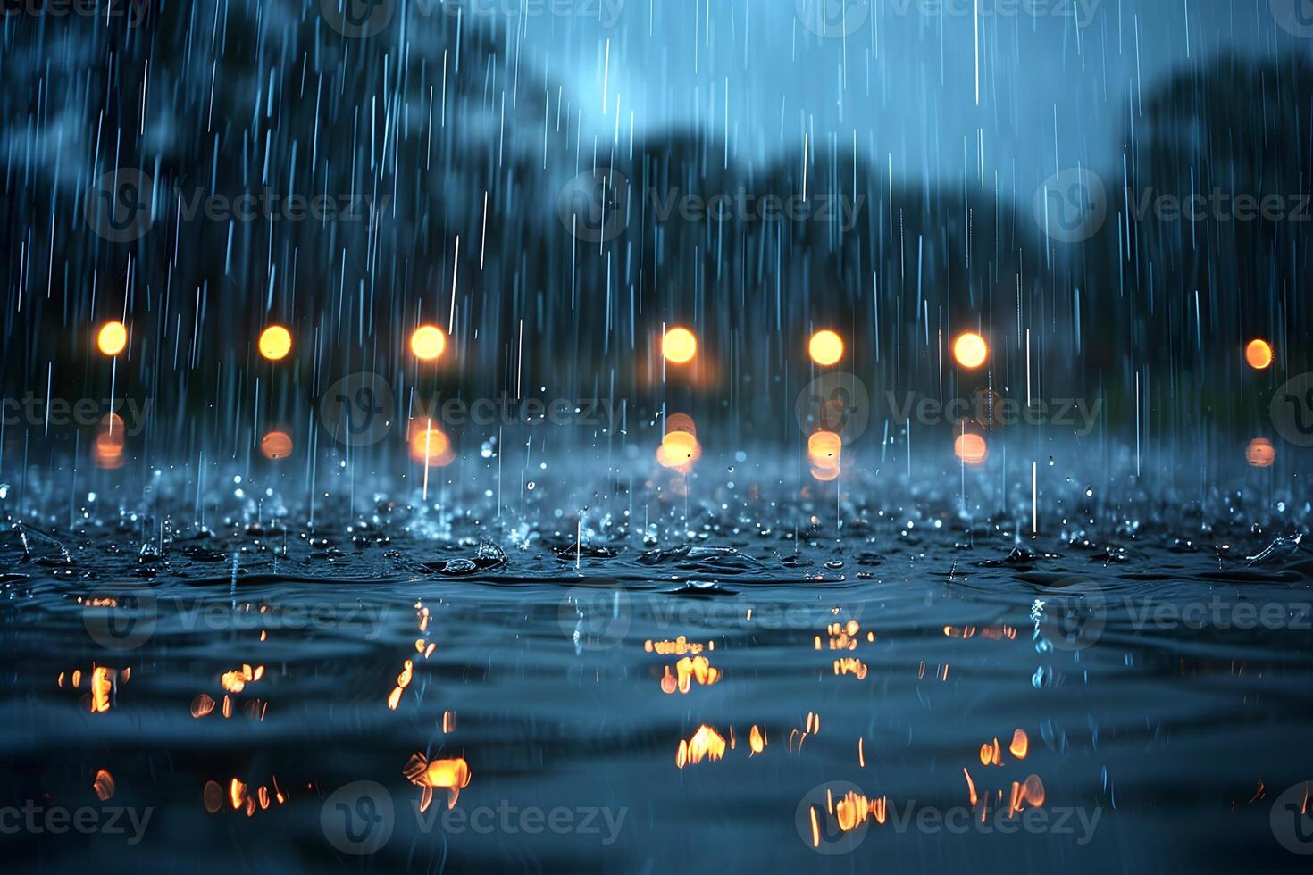 Close-Up of Raindrops Falling in Puddle at Night with Bokeh Light Background Nature, Weather, Tranquility Theme photo