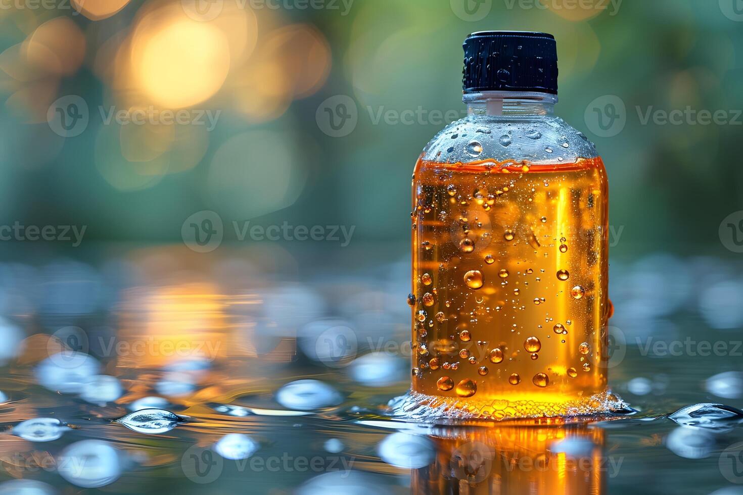 Orange Liquid in Clear Bottle with Droplets on Reflective Surface - Natural Remedy, Essential Oils, Aromatherapy photo