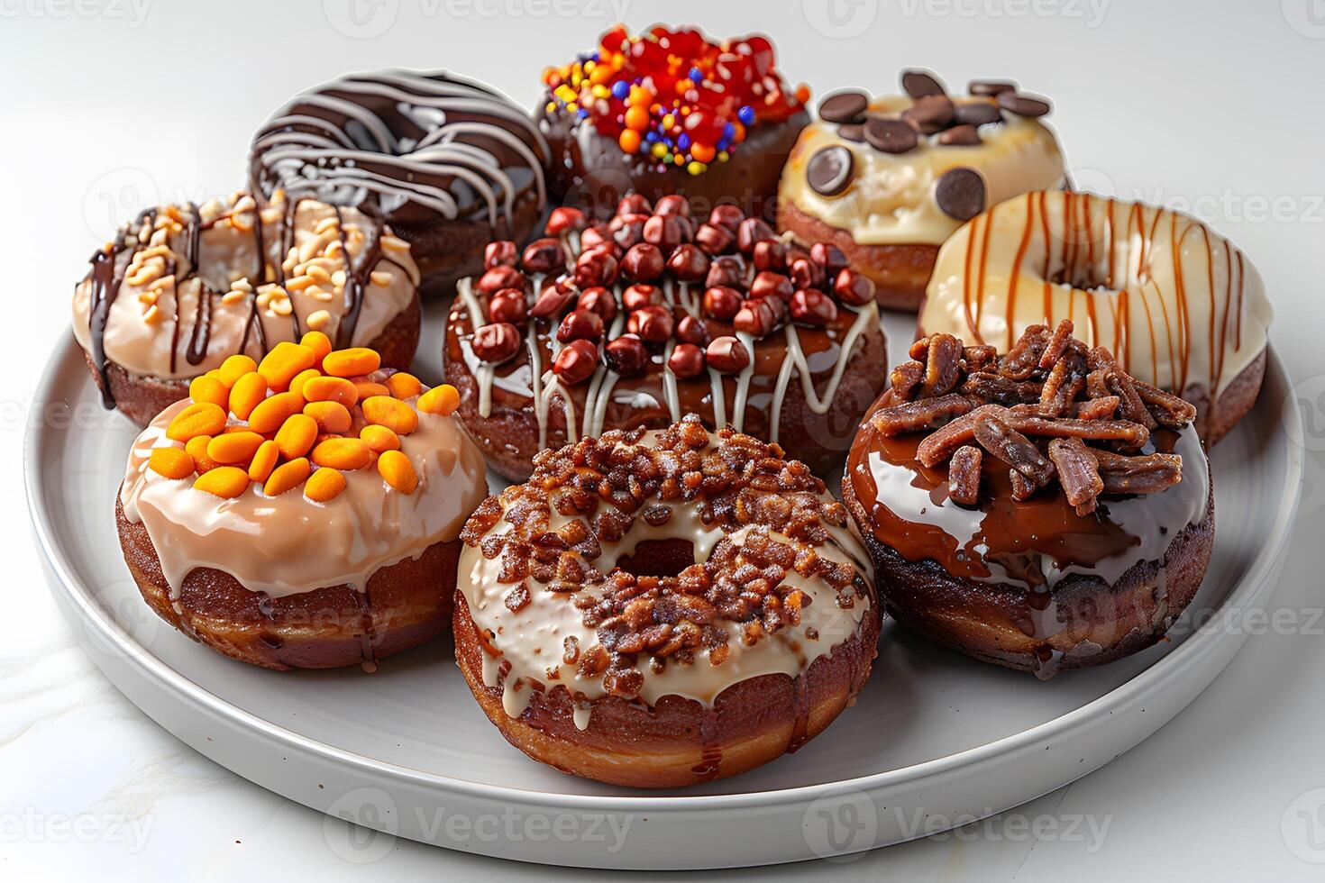 Assorted Gourmet Donuts Platter with Colorful Toppings for Social Media, Poster, or Menu Design photo