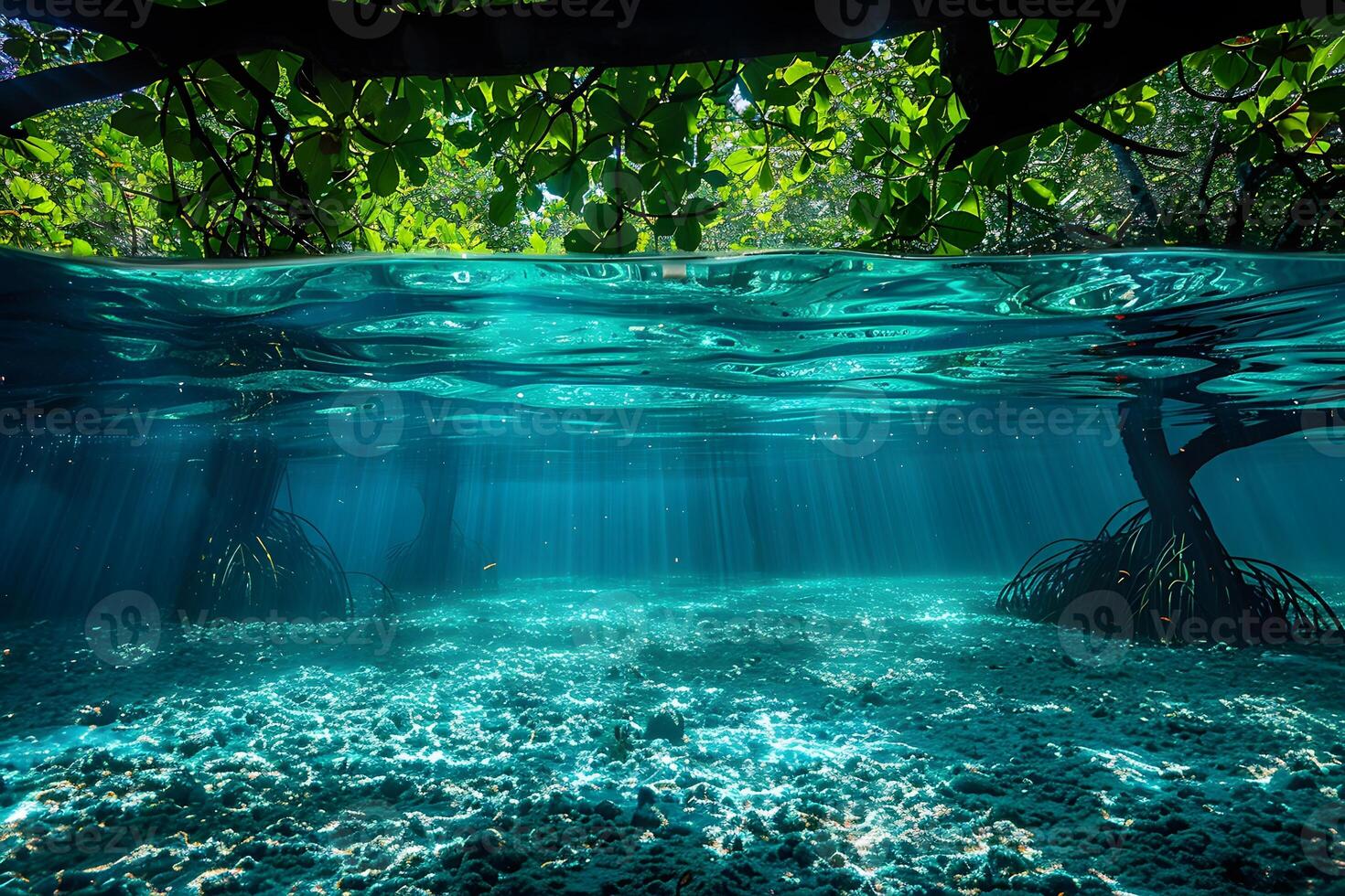 Underwater Tropical Mangrove Forest with Sunlight Rays Nature Stock Photo for Print and Design