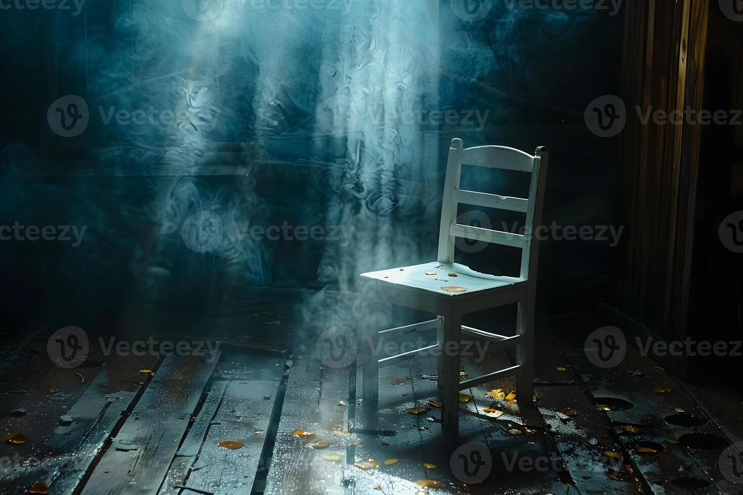 Mystical Wooden Chair in Foggy Lighted Room Concept of Solitude and Mystery for Artistic Design photo