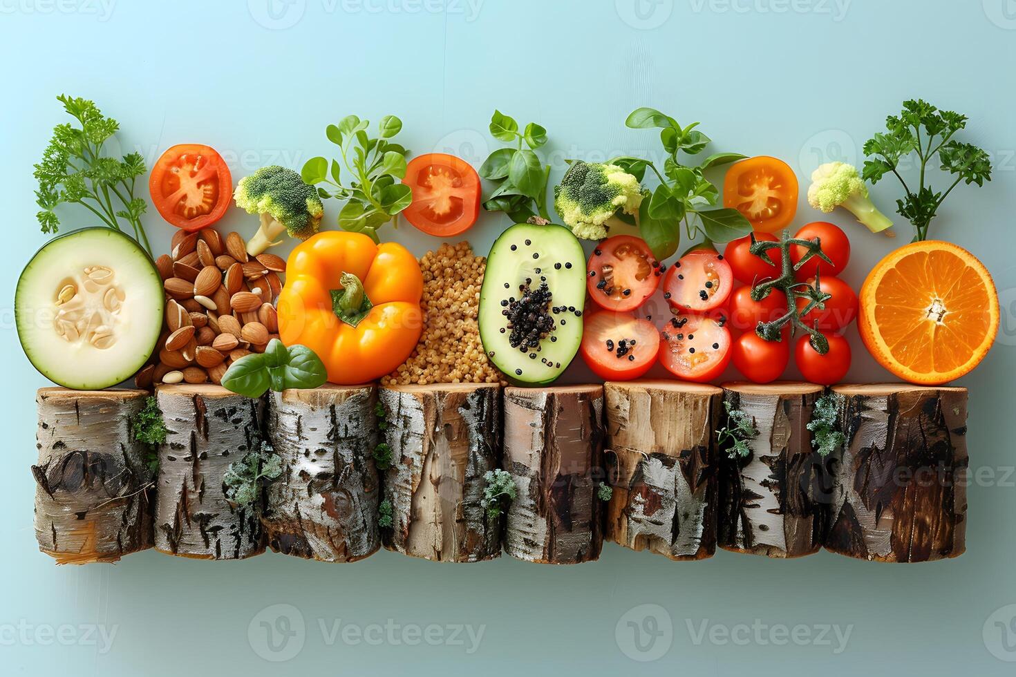 Healthy Organic Vegetables and Nuts on Rustic Wooden Background Perfect for Nutrition and Nature Concepts photo