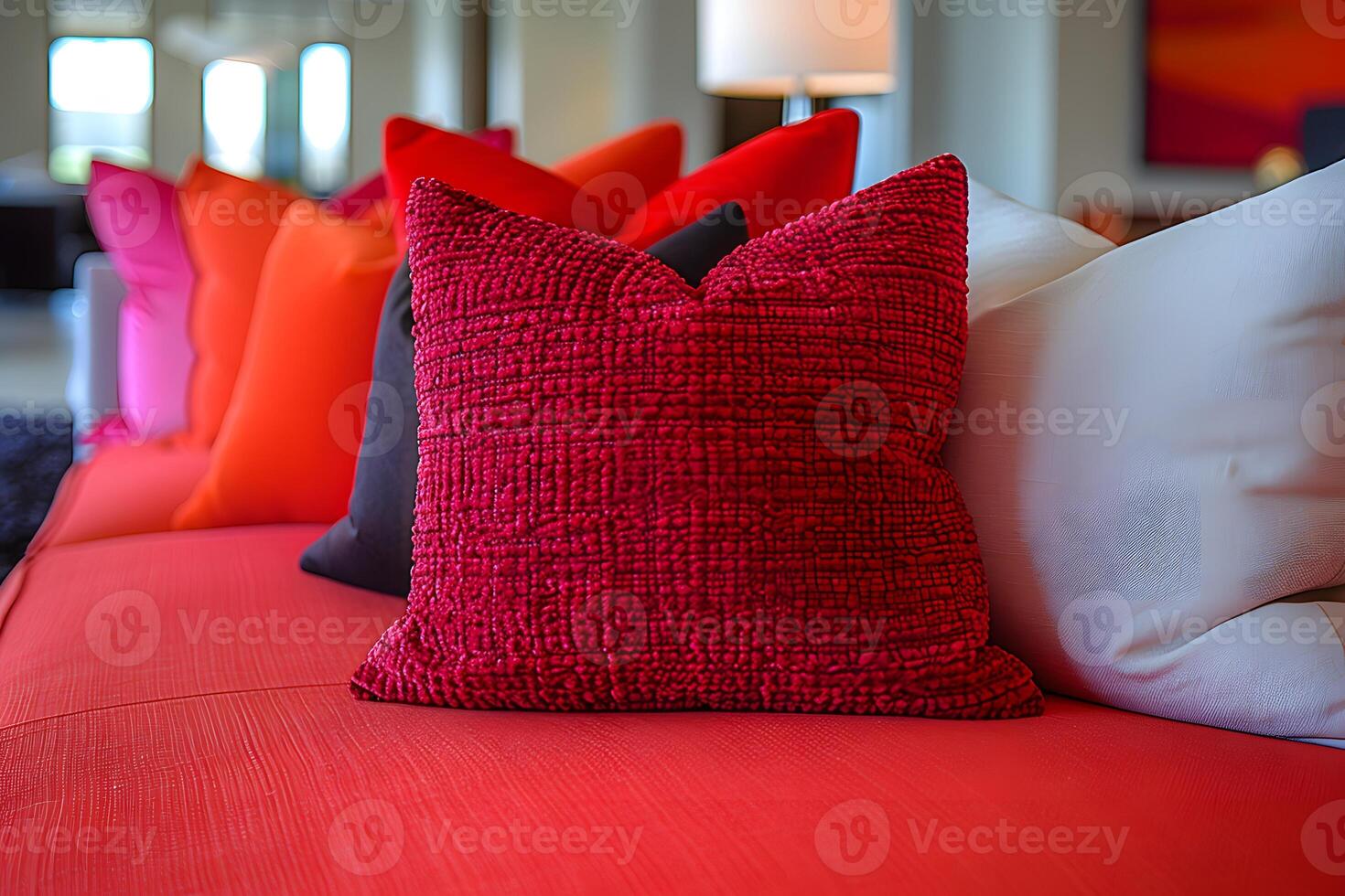 Comfortable Modern Living Room with Vibrant Red Cushions - Contemporary Home Decor for Interior Design Ideas photo
