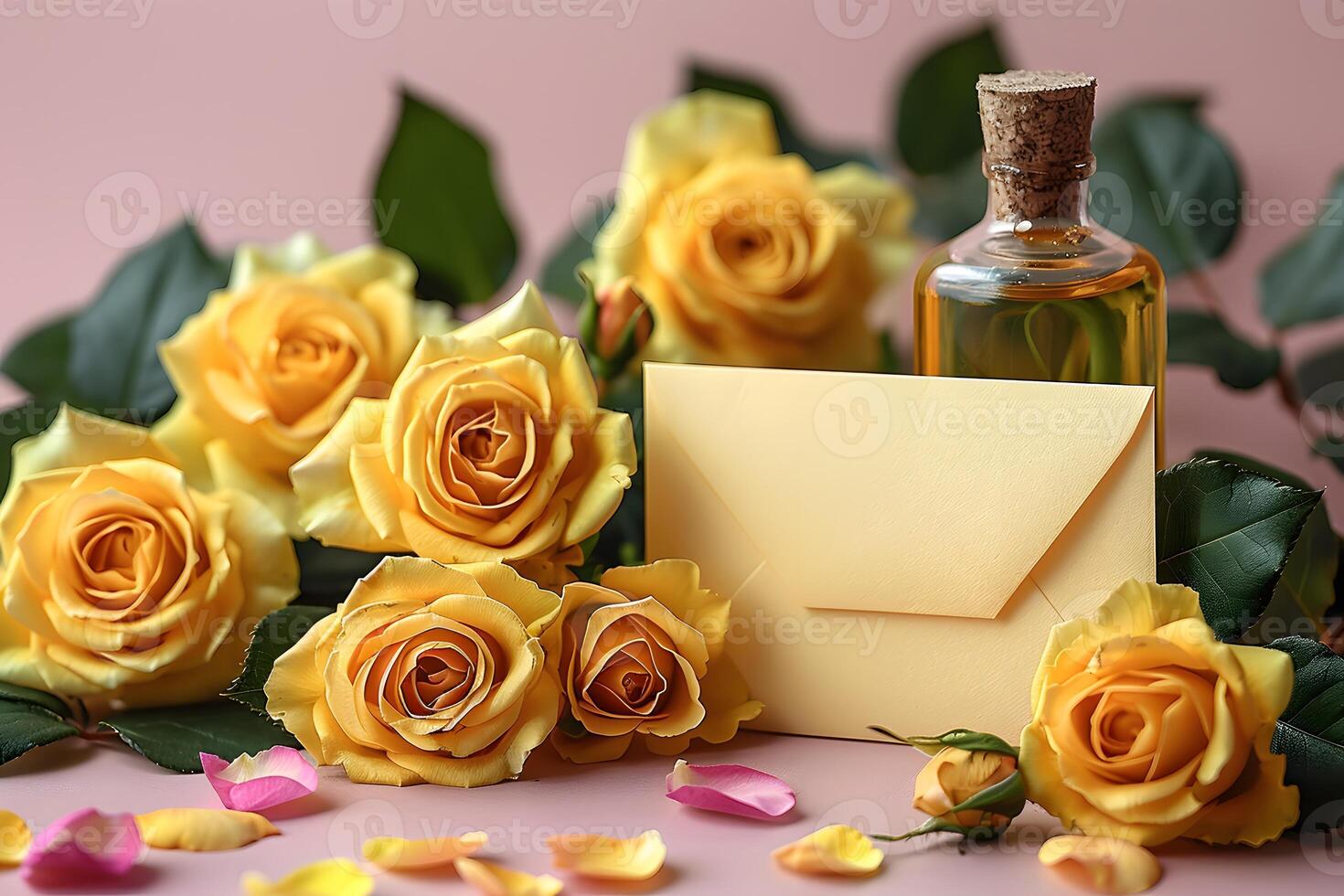 Yellow Roses with Envelope and Message Bottle - Romantic Spring Floral Arrangement for Greeting Cards and Invitations photo