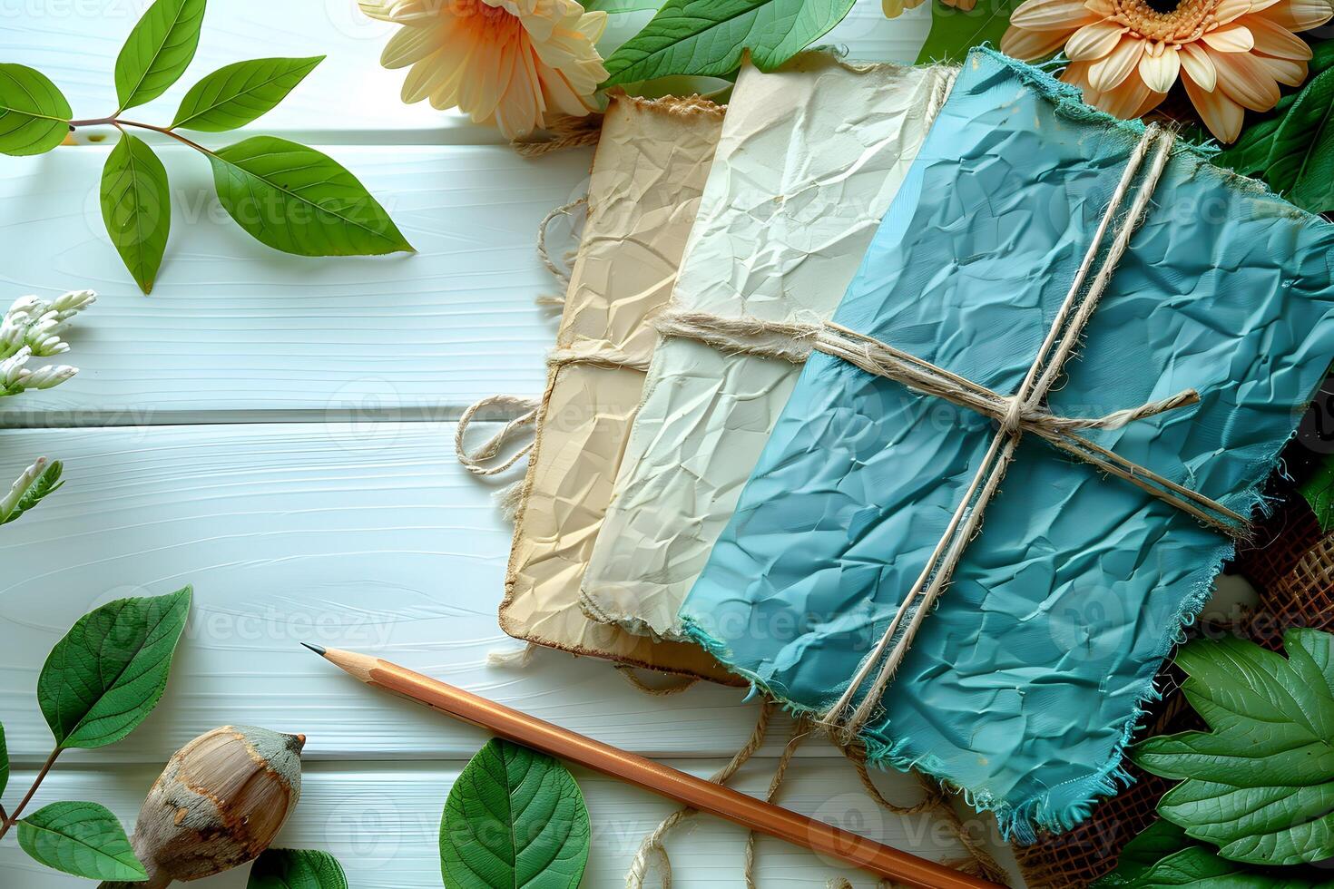 Rustic Stationery with Pressed Flowers and Leaves for Creative Letter Writing or Nature-inspired Design photo