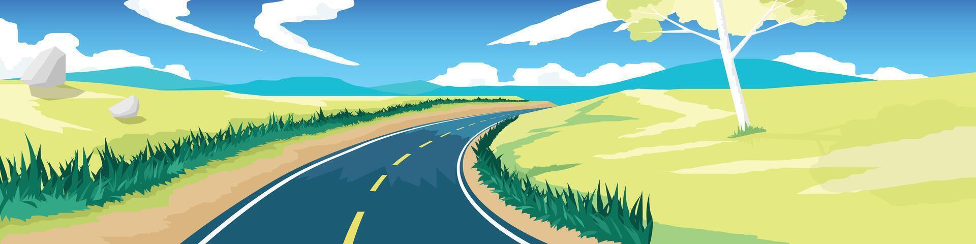 Curved road on a hill with grass on the side. Asphalt road leading to the destination ahead. Hill and green meadow with trees. or illustration. Transportation and nature background for banner. vector