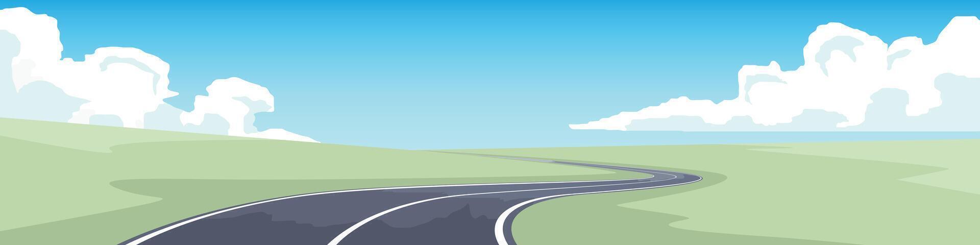 Curvy road on the hill. Asphalt road leading to the destination ahead. Rolling hills and green fields. or Illustration transport and nature background for banner. vector