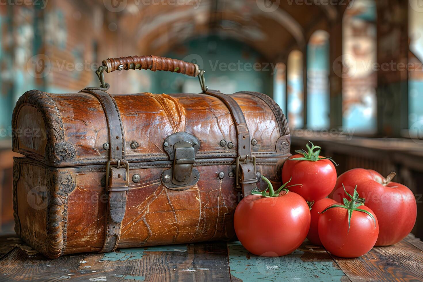 Vintage Wooden Chest with Fresh Tomatoes in Rustic Setting - Perfect for Farm to Table Themes photo