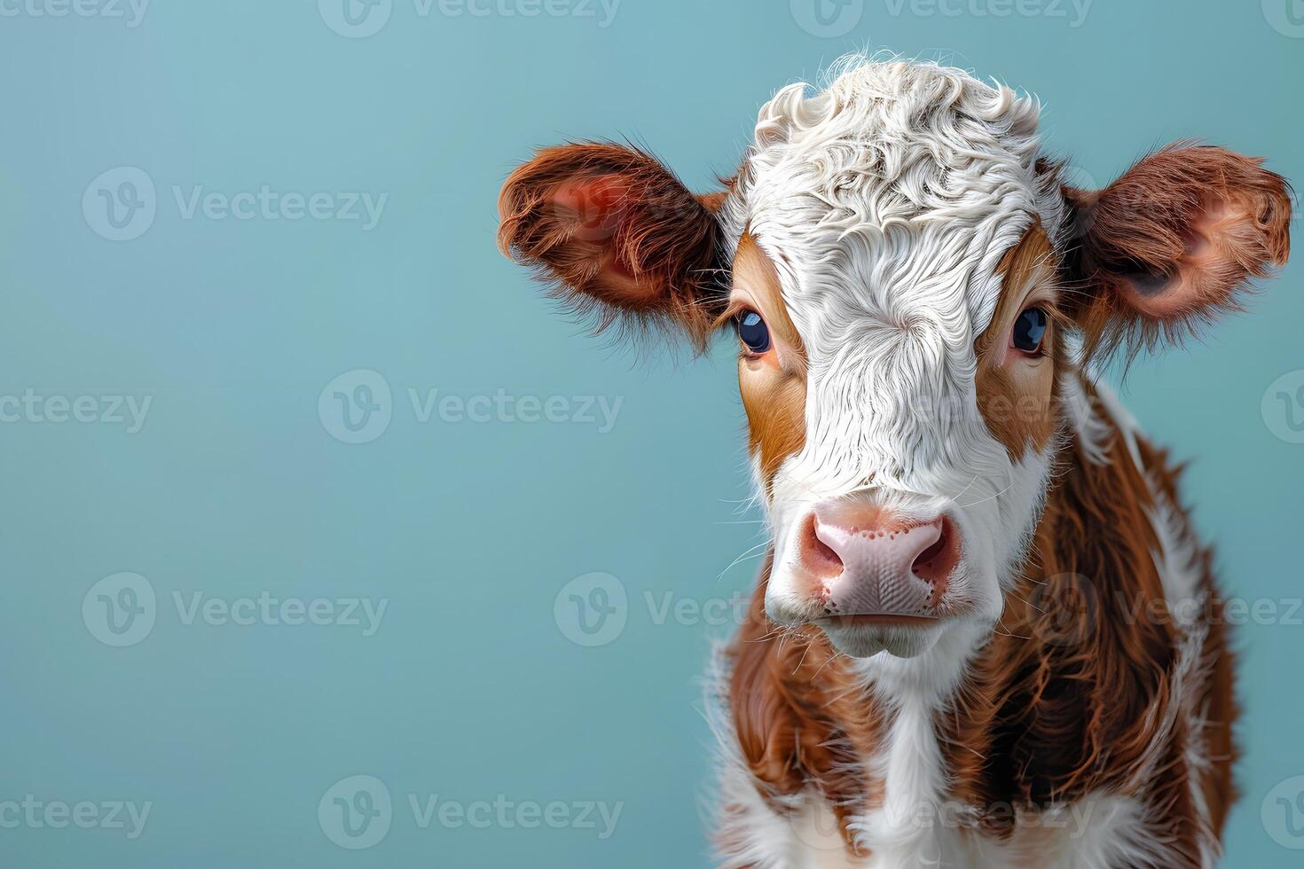 Adorable Baby Cow Portrait on Blue Background - Ideal for Farm-Themed Design, Print, and Posters photo