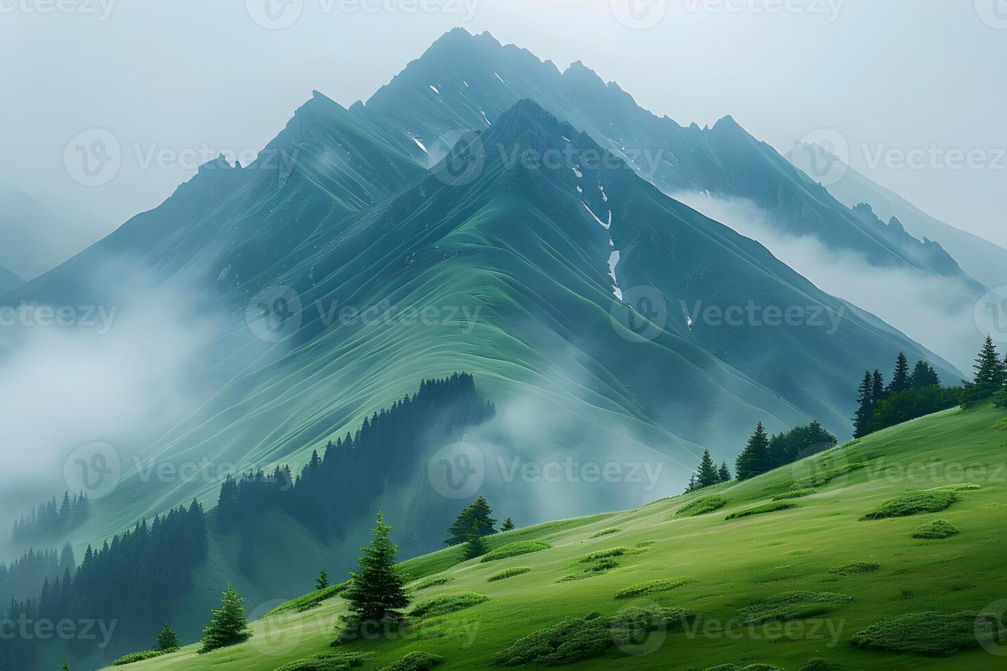 Majestic Mountain Range with Lush Green Hills and Misty Morning Fog - Nature Scenery for Print, Poster, Design photo