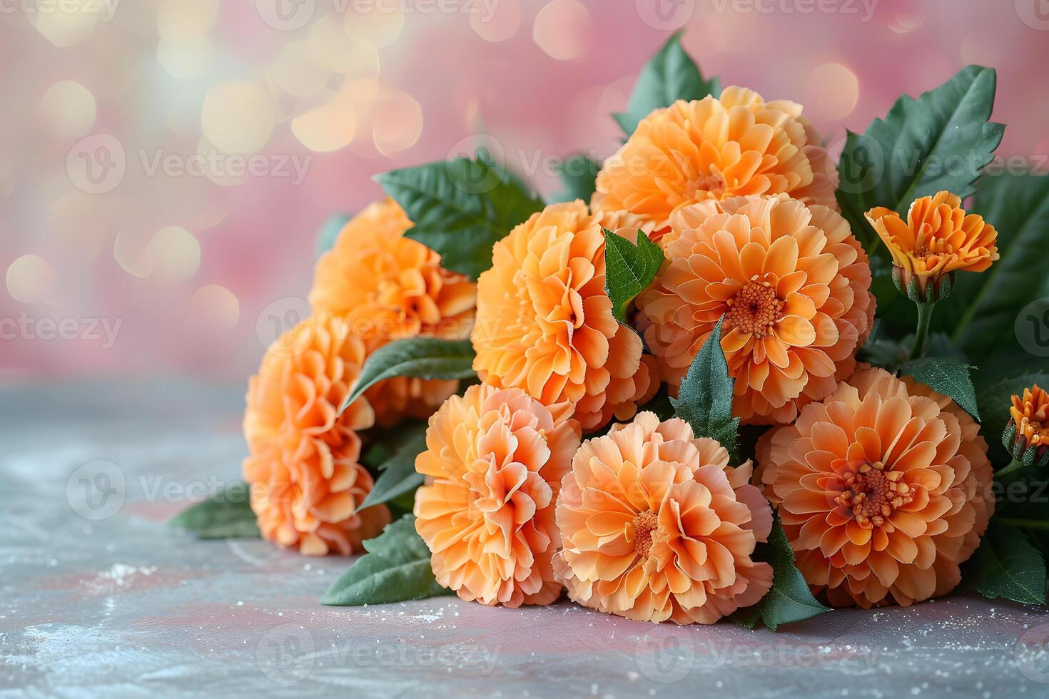 Vibrant Orange Dahlia Bouquet on Soft Blurred Pink Bokeh Background for Floral Poster or Card Design photo