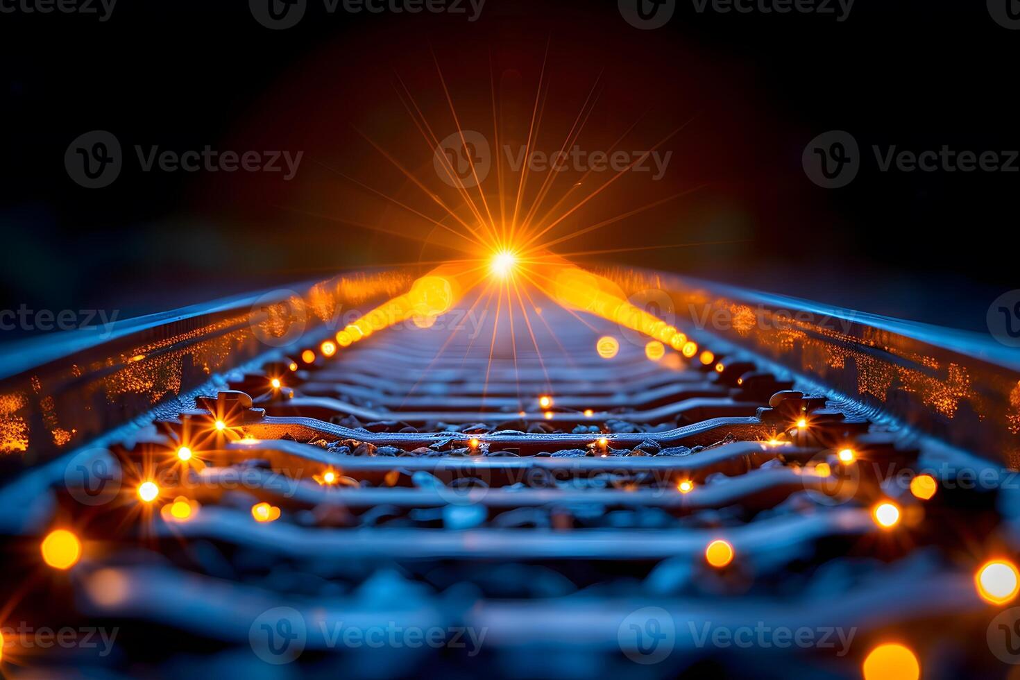 Dazzling Night Train Tracks with Glowing Lights and Starburst Effect - Perfect for Design, Poster, Background photo