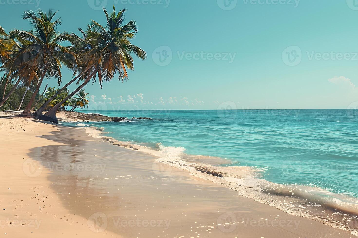 Tropical Beach Paradise with Swaying Palm Trees and Clear Blue Ocean for Summer Vacation and Travel Design photo