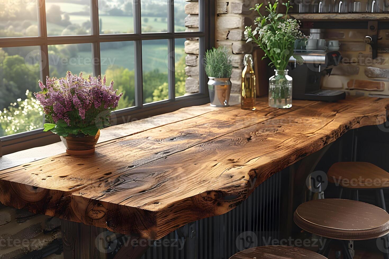 Rustic Kitchen Table with Flower Arrangement and Scenic Countryside View Ideal for Interior Design and Decor Inspiration photo