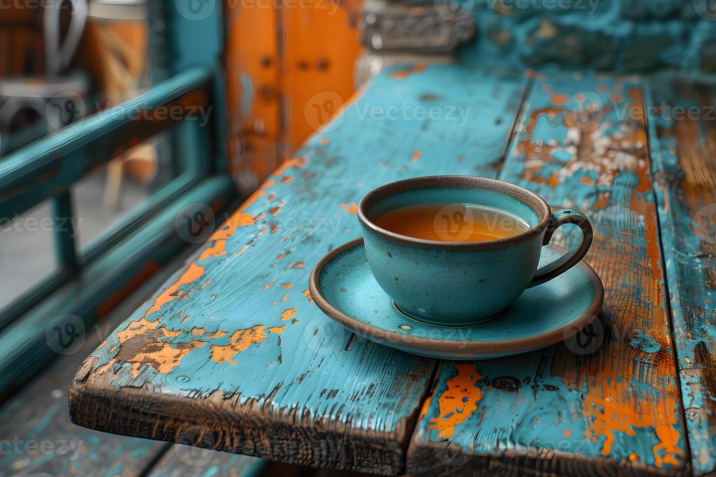 Rustic Turquoise Table and Ceramic Cup with Hot Tea - Cozy Cafe Atmosphere for Print and Design photo
