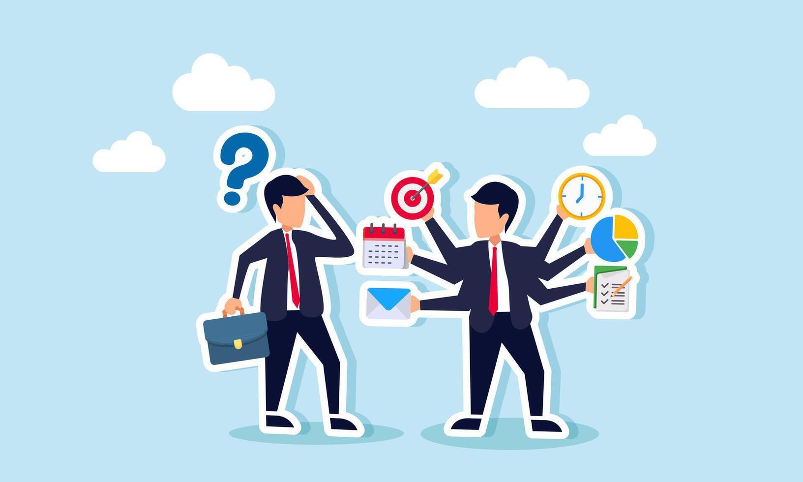 A multitasking businessman with many hands holding mail, calendar, targets, clock, diagram, and tasks, confusing partners, illustration of A businessman confused by the multitasking of a partner vector