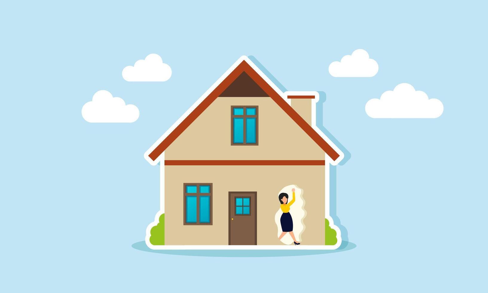 A businesswoman breaking through her wall to escape, illustration of Someone freedom to work, stepping out of their comfort zone to work anywhere, not just from home vector