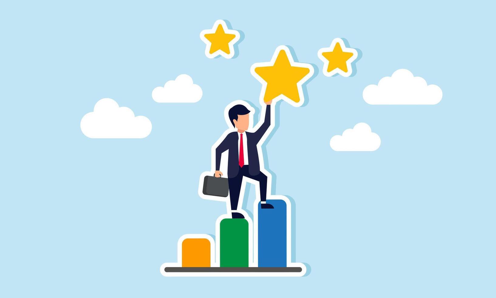 A businessman standing on a graph trying to catch a star, illustration of Awards or ratings a company receives for excellent business performance and progress vector
