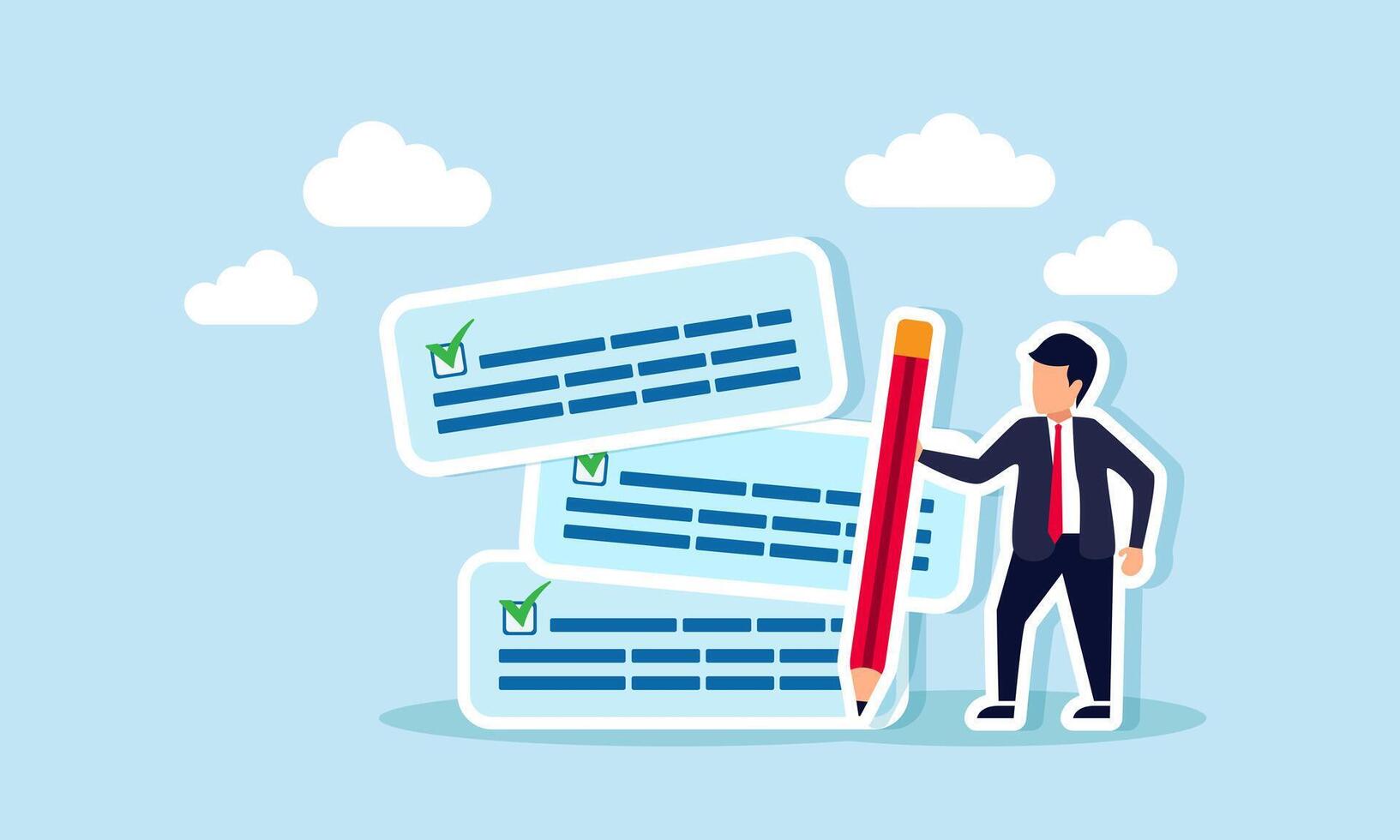 A businessman standing in front of a stack of text dialogues with checkmarks, holding a pencil, illustration of Completing several planned tasks on a to do list vector