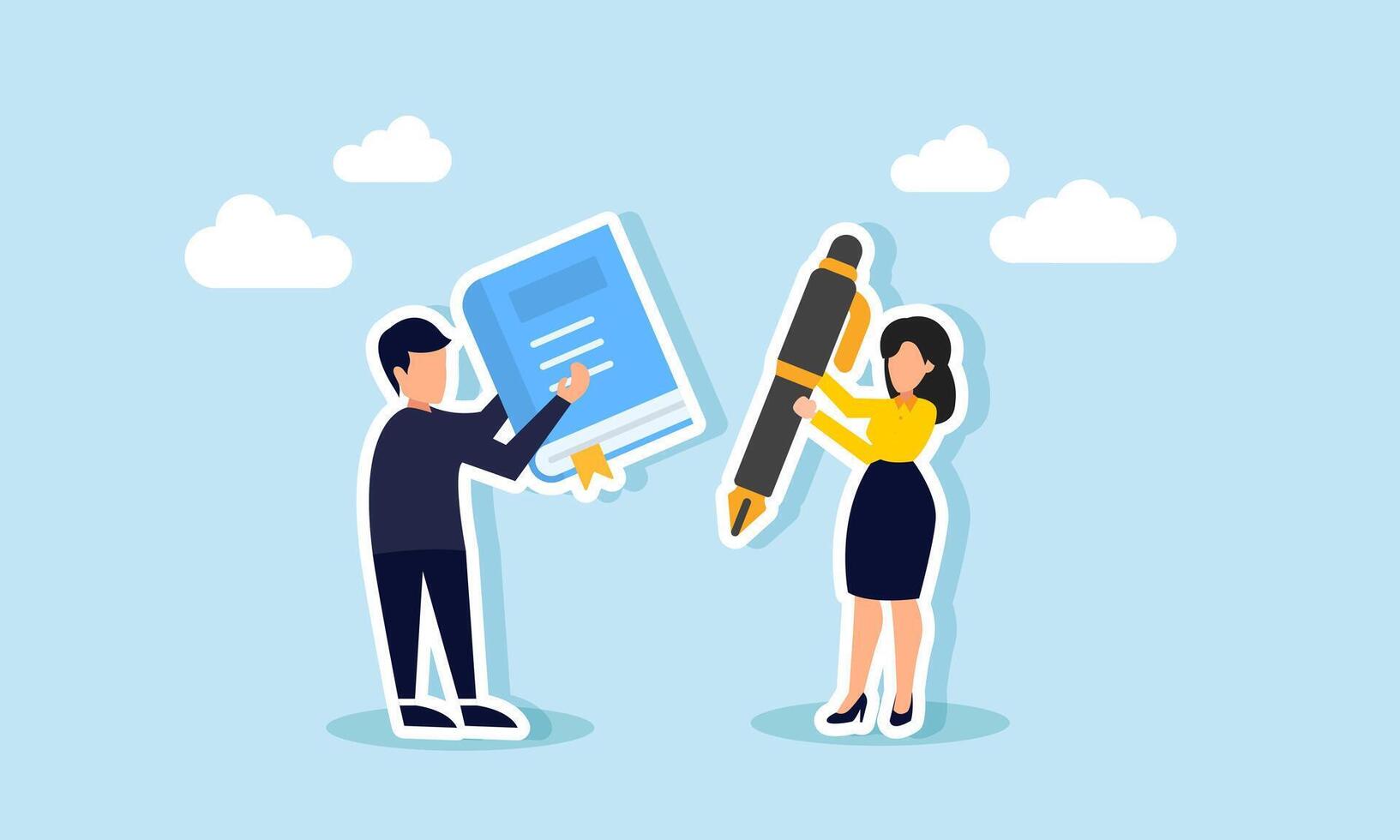 A businessman carrying a report and a businesswoman holding a pen, illustration of signing or approval of a business project analysis report vector