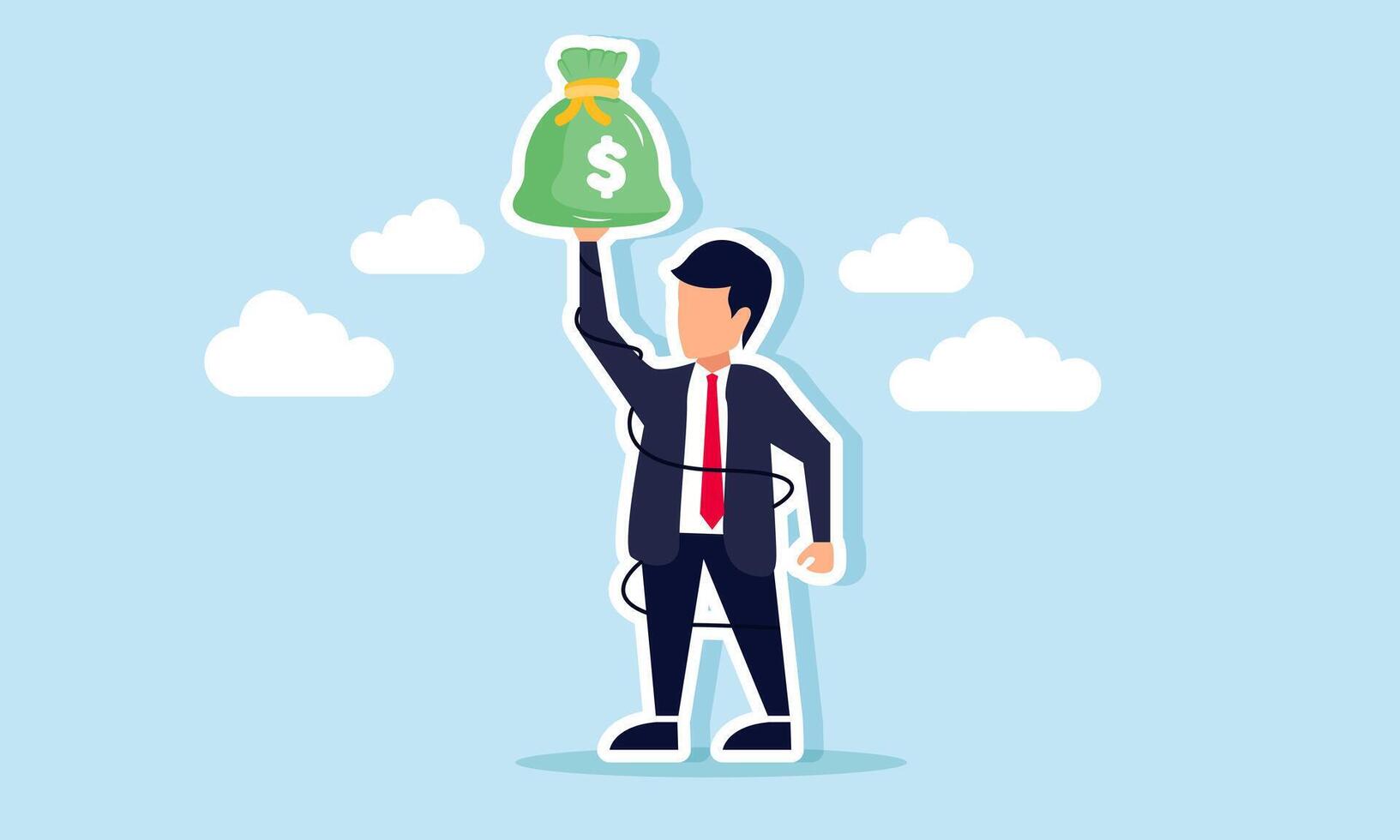 A businessman tied up, lifting a money bag, illustration of A businessman strong resolve to achieve profit despite business challenges vector