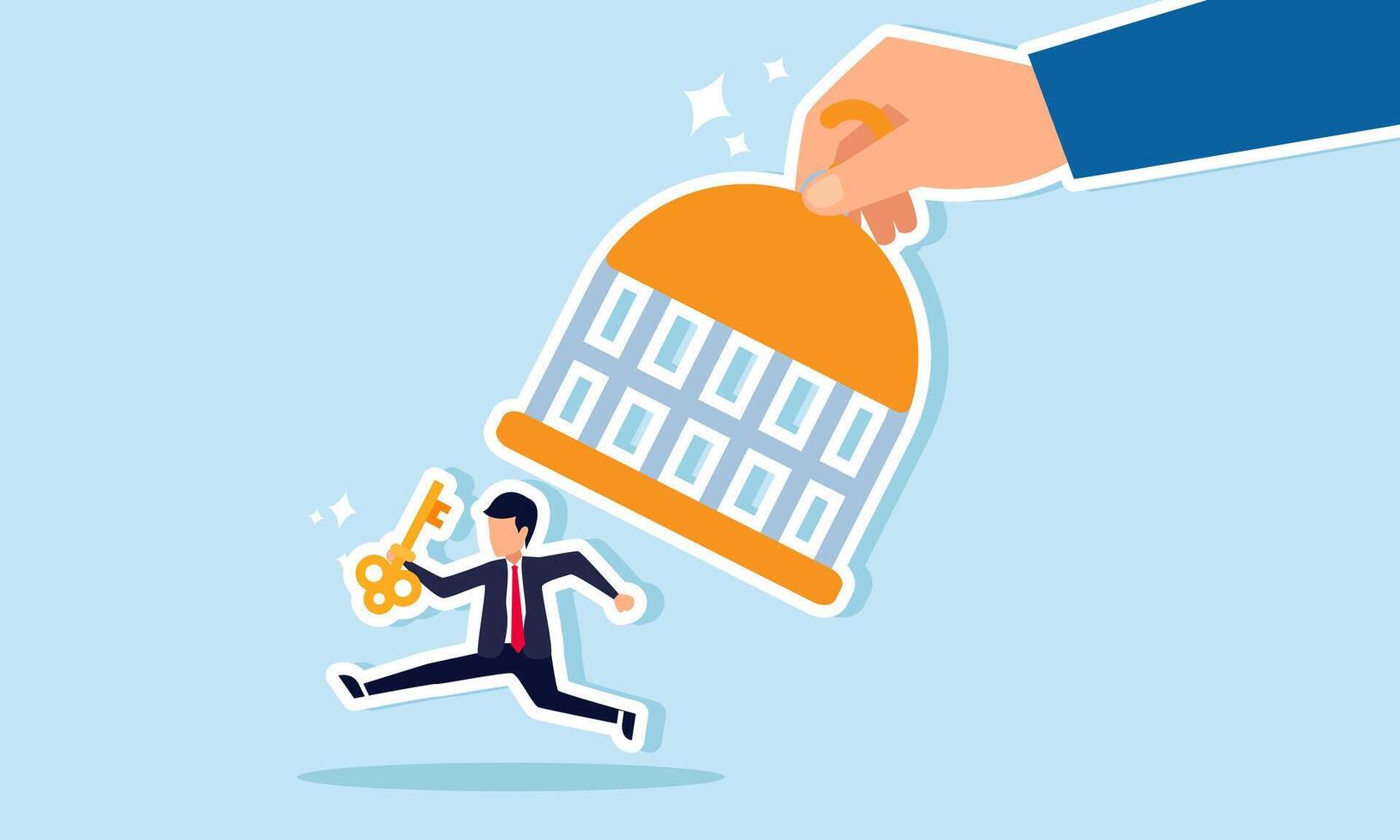 A businessman opening a cage with another businessman running out, holding a key, illustration of A businessman solving the problem by finding the right employee for his company vector