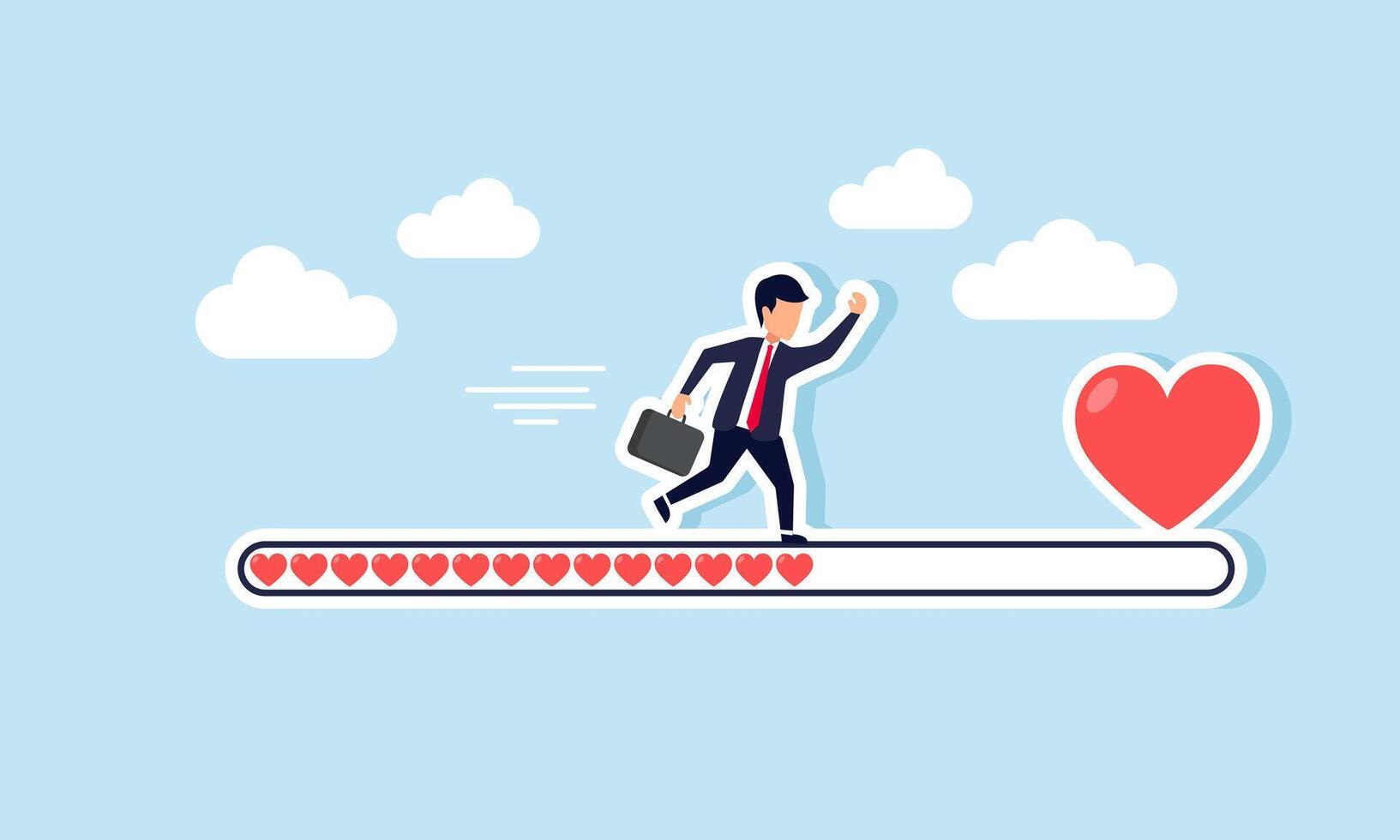 A businessman running on a heart shaped loading bar toward a large heart at the end, illustration of Step by step, a businessman get attention from target markets or customer segments vector