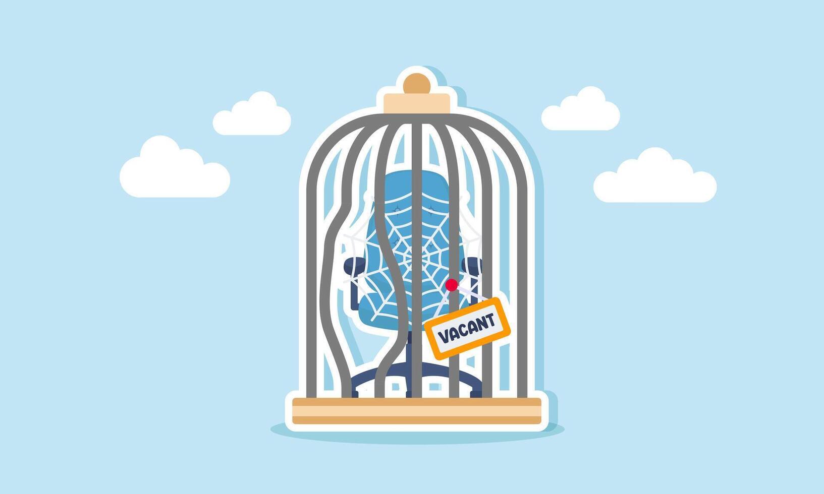 A spider webbed chair labeled vacant in a cage, showing a job with no applicants, illustration of A job opening with no applicants, showing an unattractive or unappealing position vector