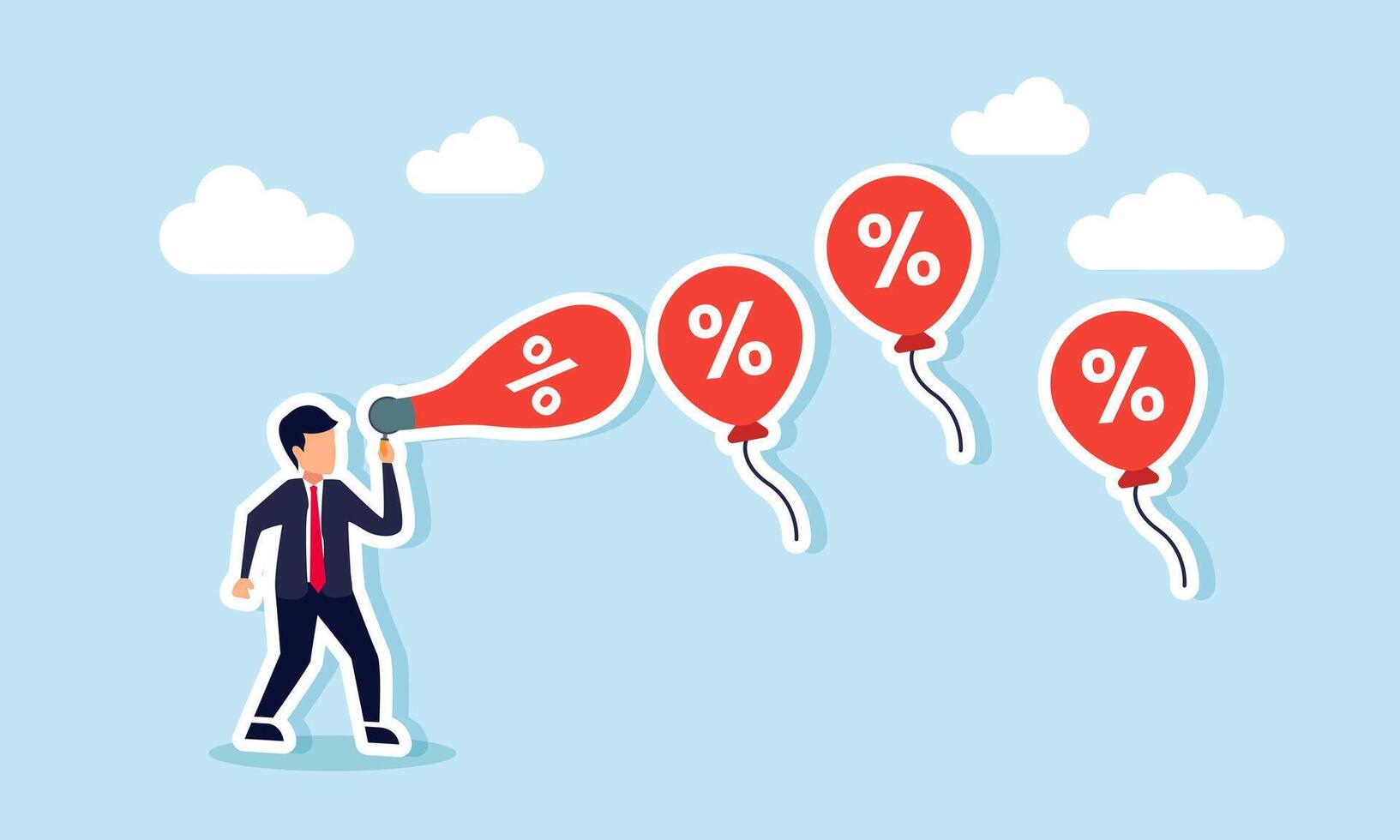 A businessman blowing a discount balloon, an illustration of a discount party, price cuts, and special offers for specific business events vector