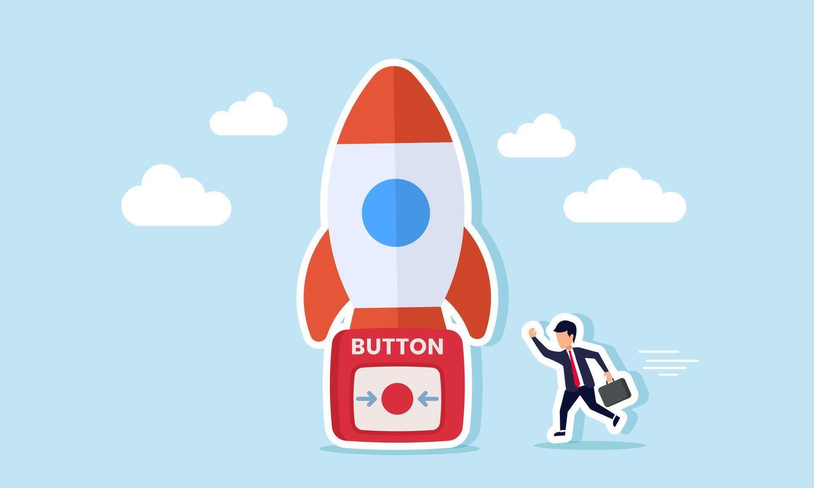 A businessman running to press the launch button under a rocket, illustration of Chasing business preparations to launch on schedule vector