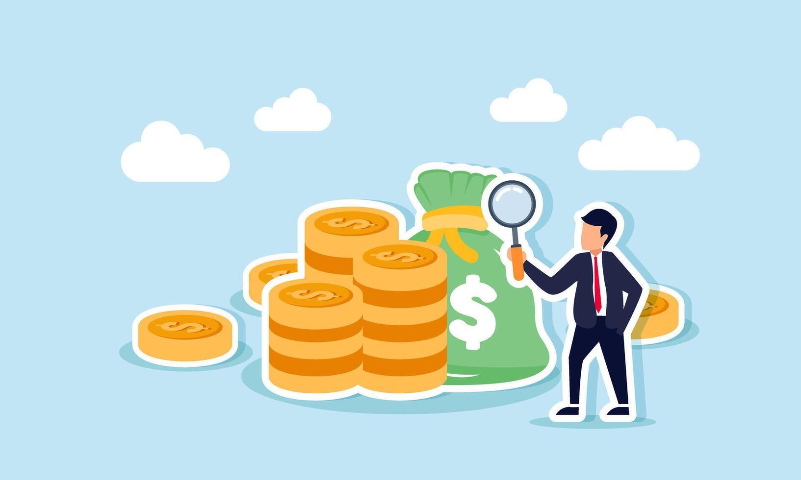 A businessman analyzing a pile of coins and money bags with a magnifying glass, illustration of Analyzing or researching company profit to identify areas for improvement vector