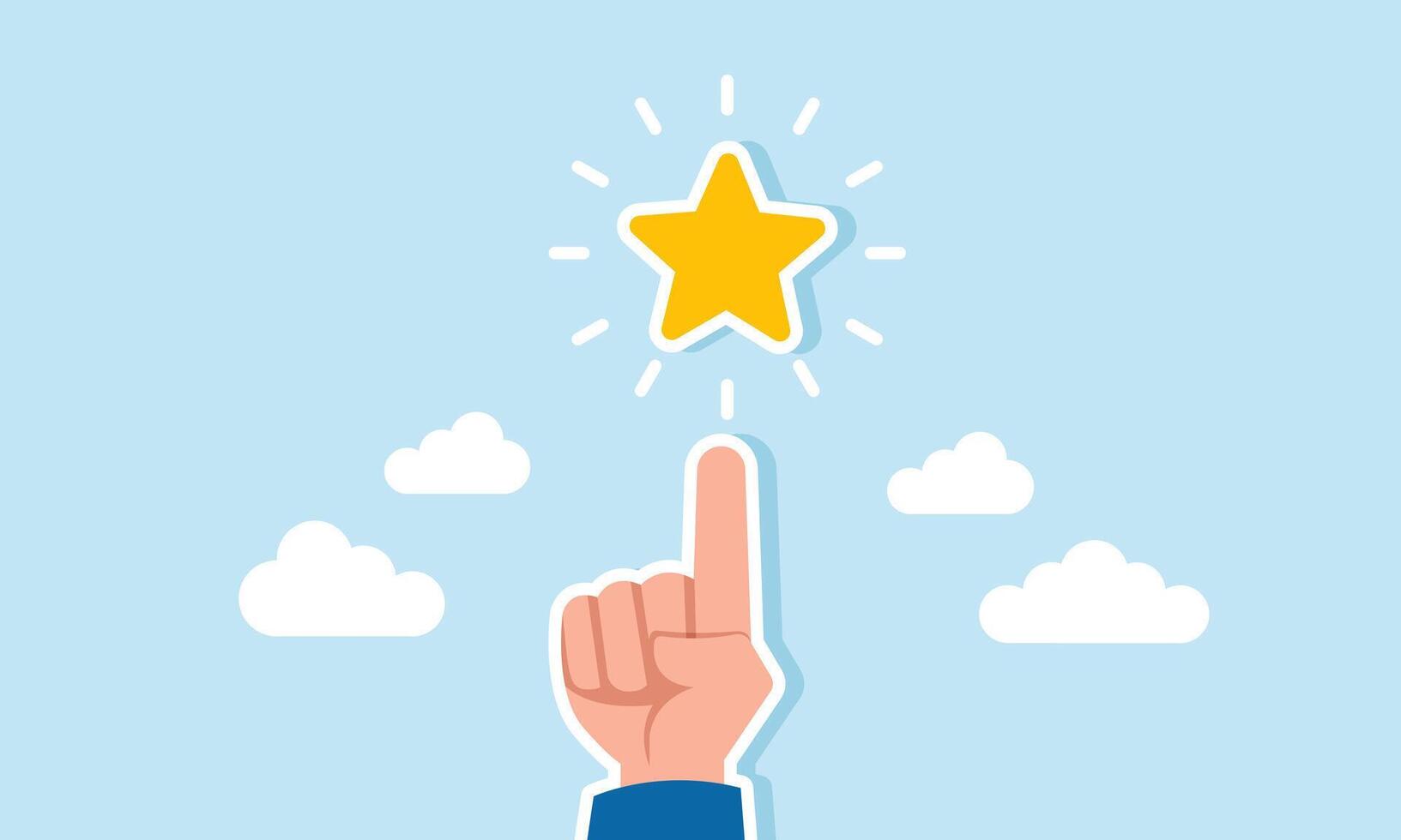 A businessman hand pointing towards a shining star, illustration of An award for an achievement, highlighting someone as the main figure vector