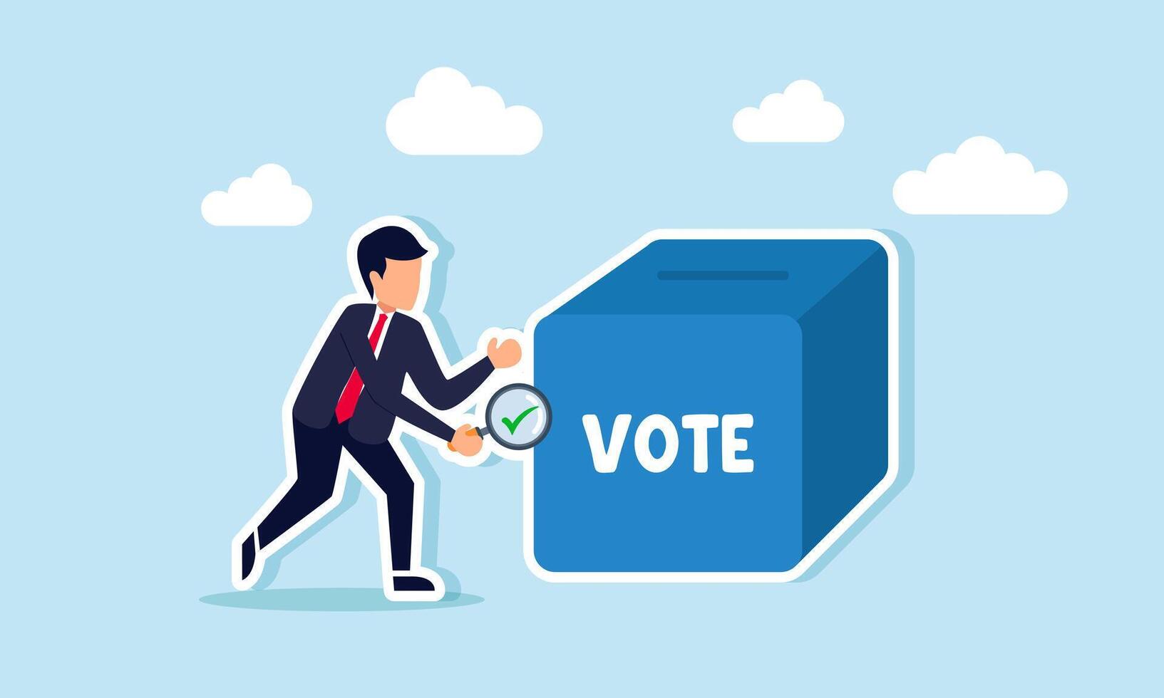 A businessman with a magnifying glass and a checkmark investigating or examining a vote box, illustration of the evaluation of vote papers for accuracy or fraud vector