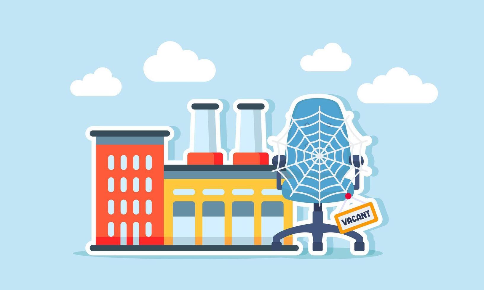 A chair with a spider web and a vacant sign beside a factory, illustration of Open factory positions amid declining interest in factory work vector