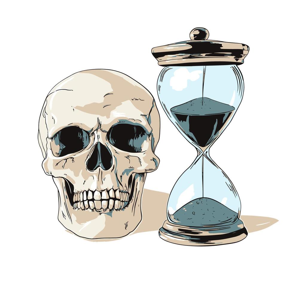 A skull beside an hourglass vector