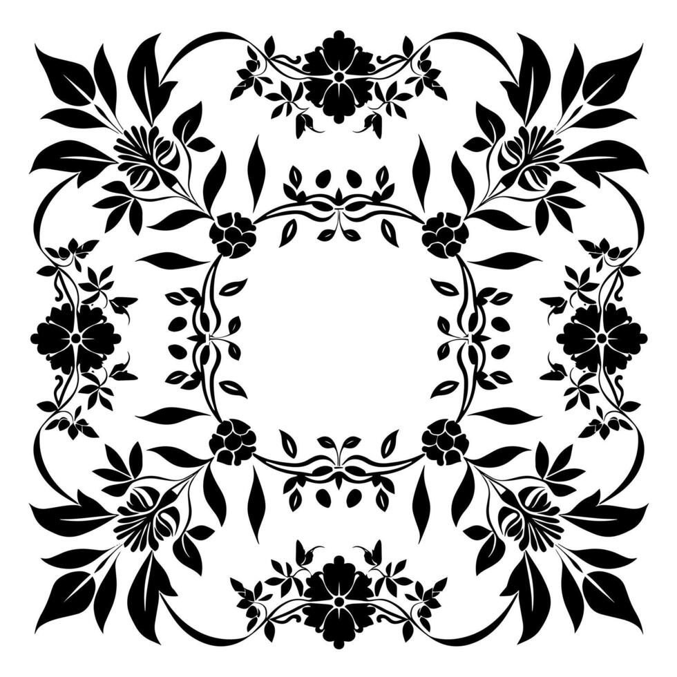 Black and white design of an ornamental square frame with floral elements vector