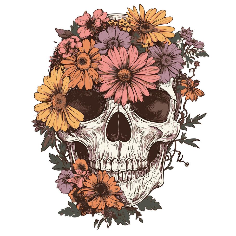 A skull made from or surrounded by blooming flowers vector