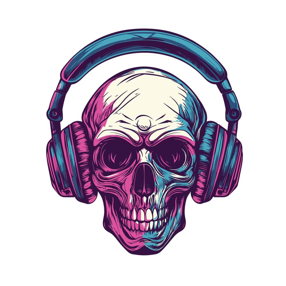 modern skull wearing headphones simple illustration vector