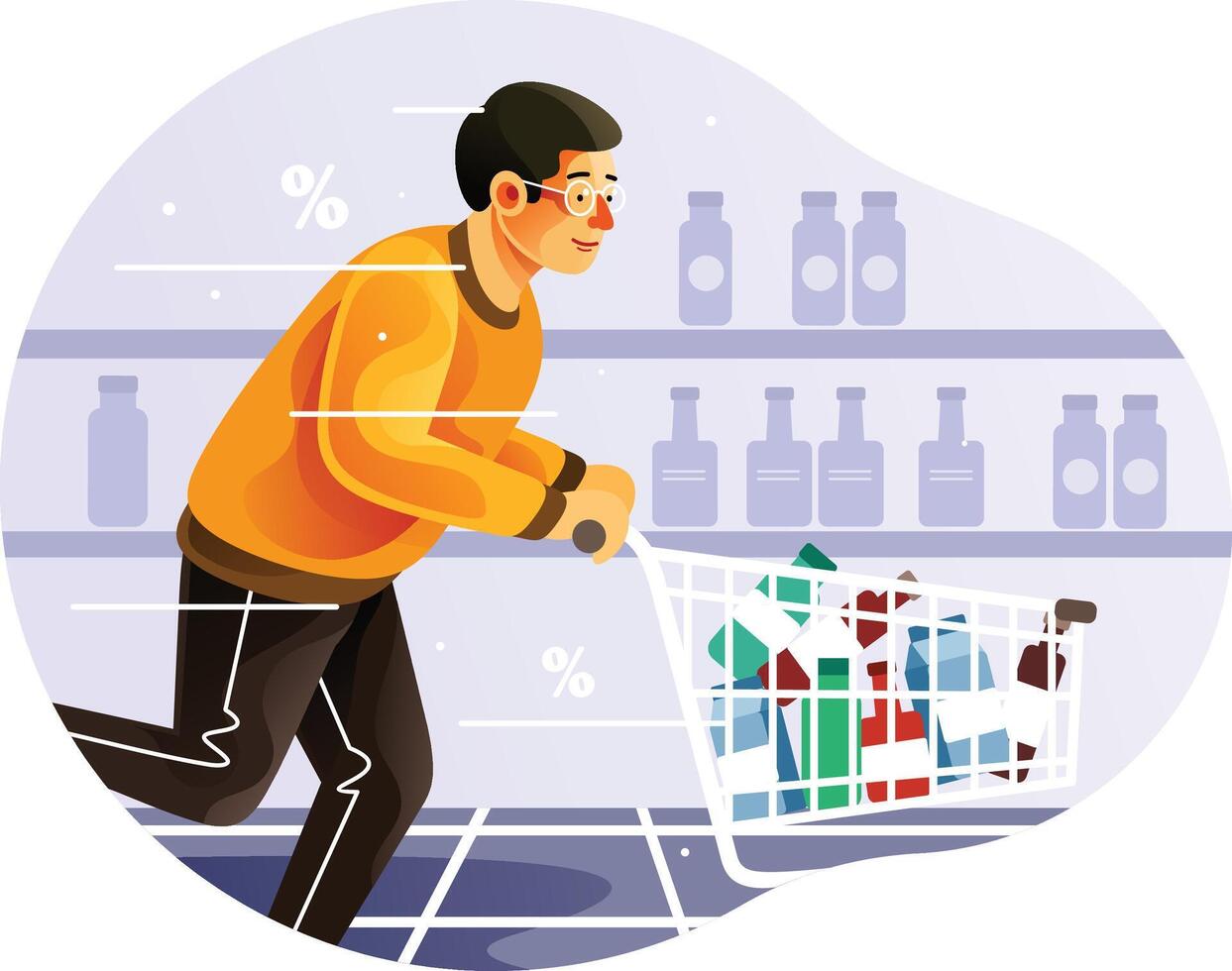 Man is rushing when shopping with a shop trolley vector