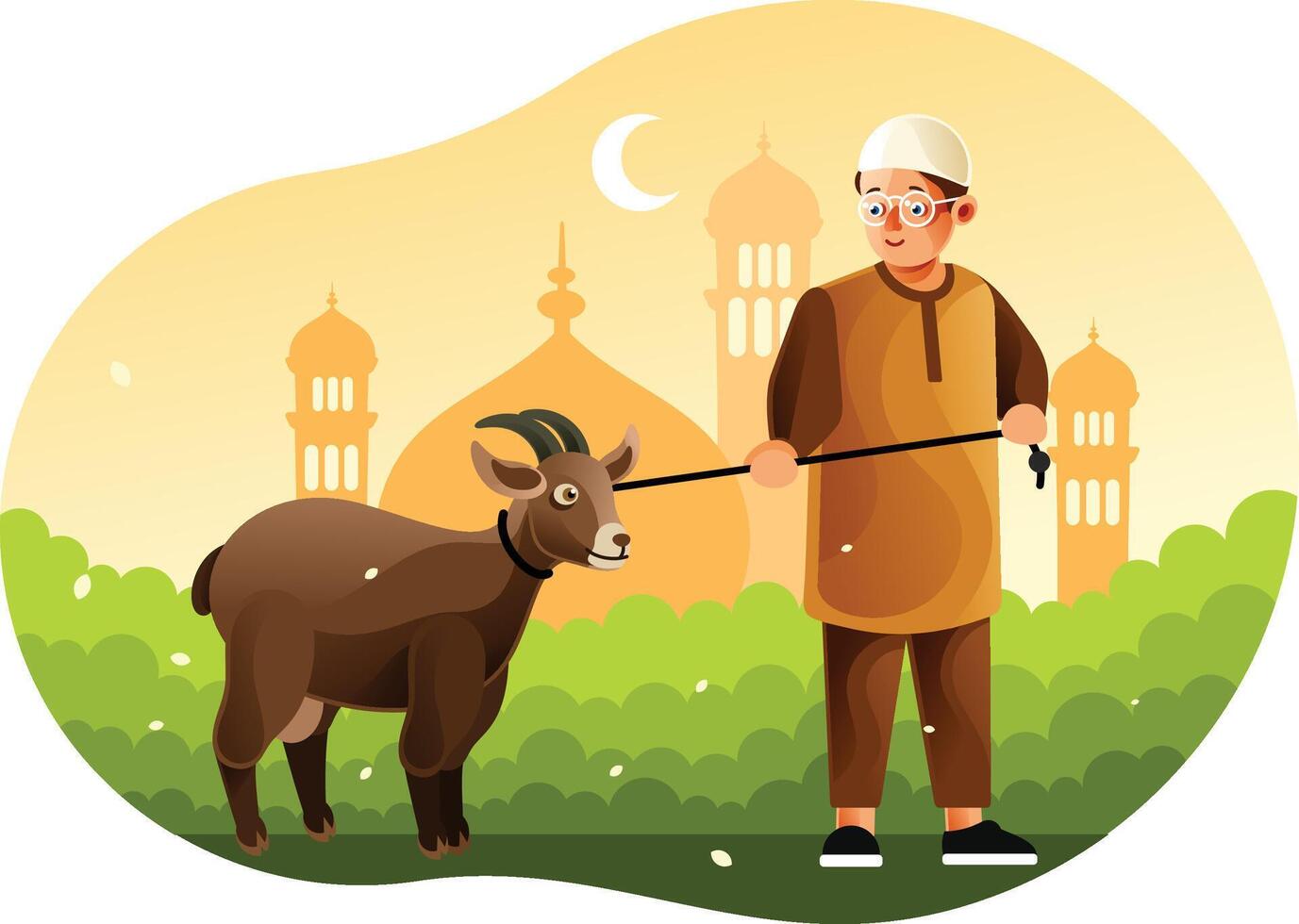 Boy brings sheep to Mosque when Eid al-Adha vector