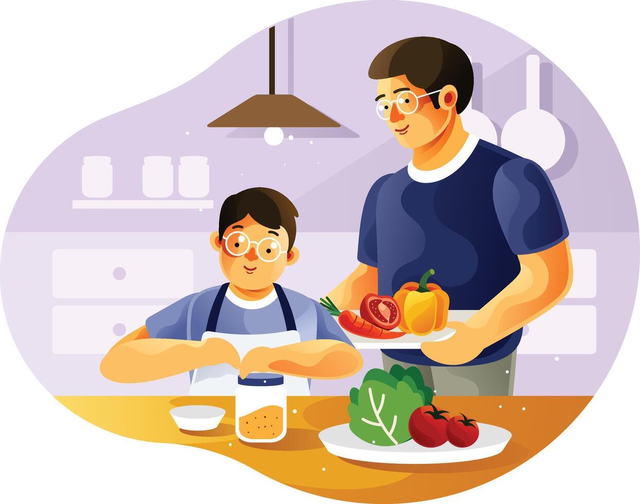 Father and son cook together in the kitchen vector