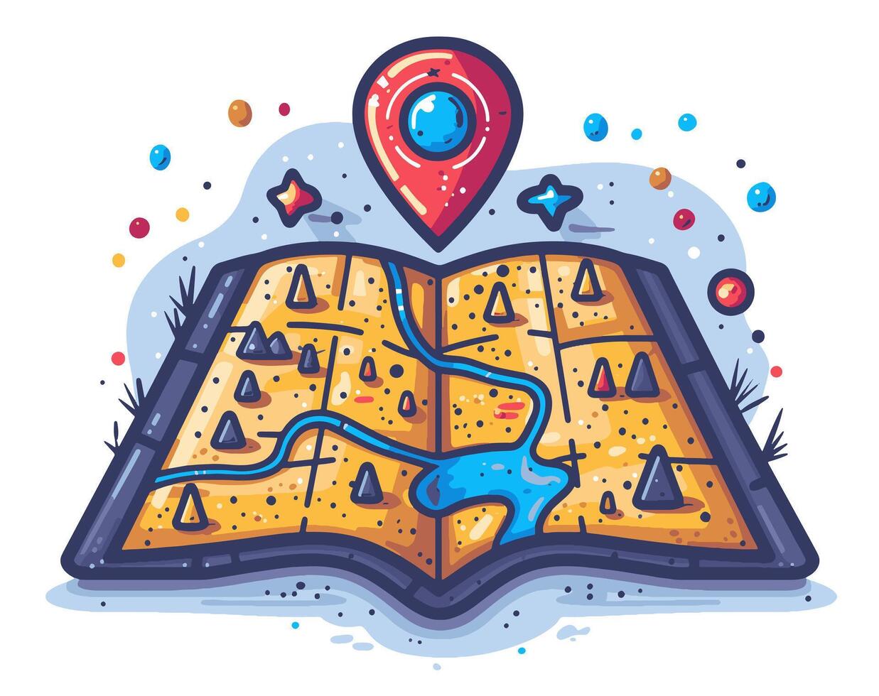 a map and a pin cartoon illustration vector