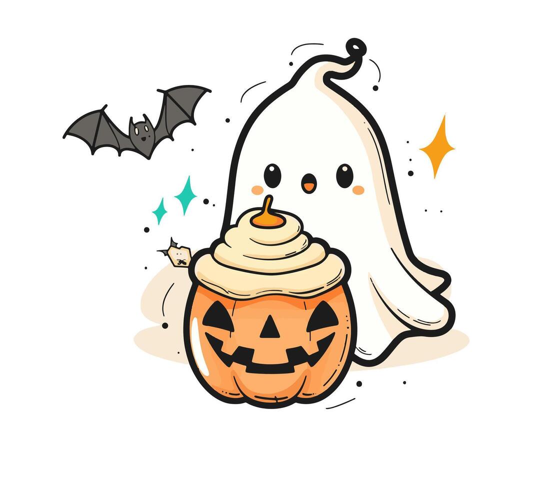 kawaii ghost with a pumpkin cream cup and a bat vector