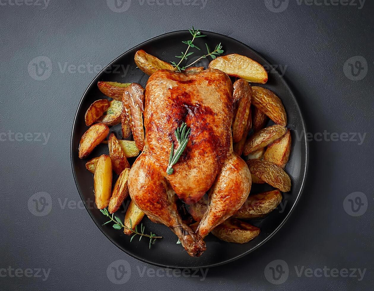 Roasted chicken with potatoes on dark plate. Grey background. Close up. Top view. photo