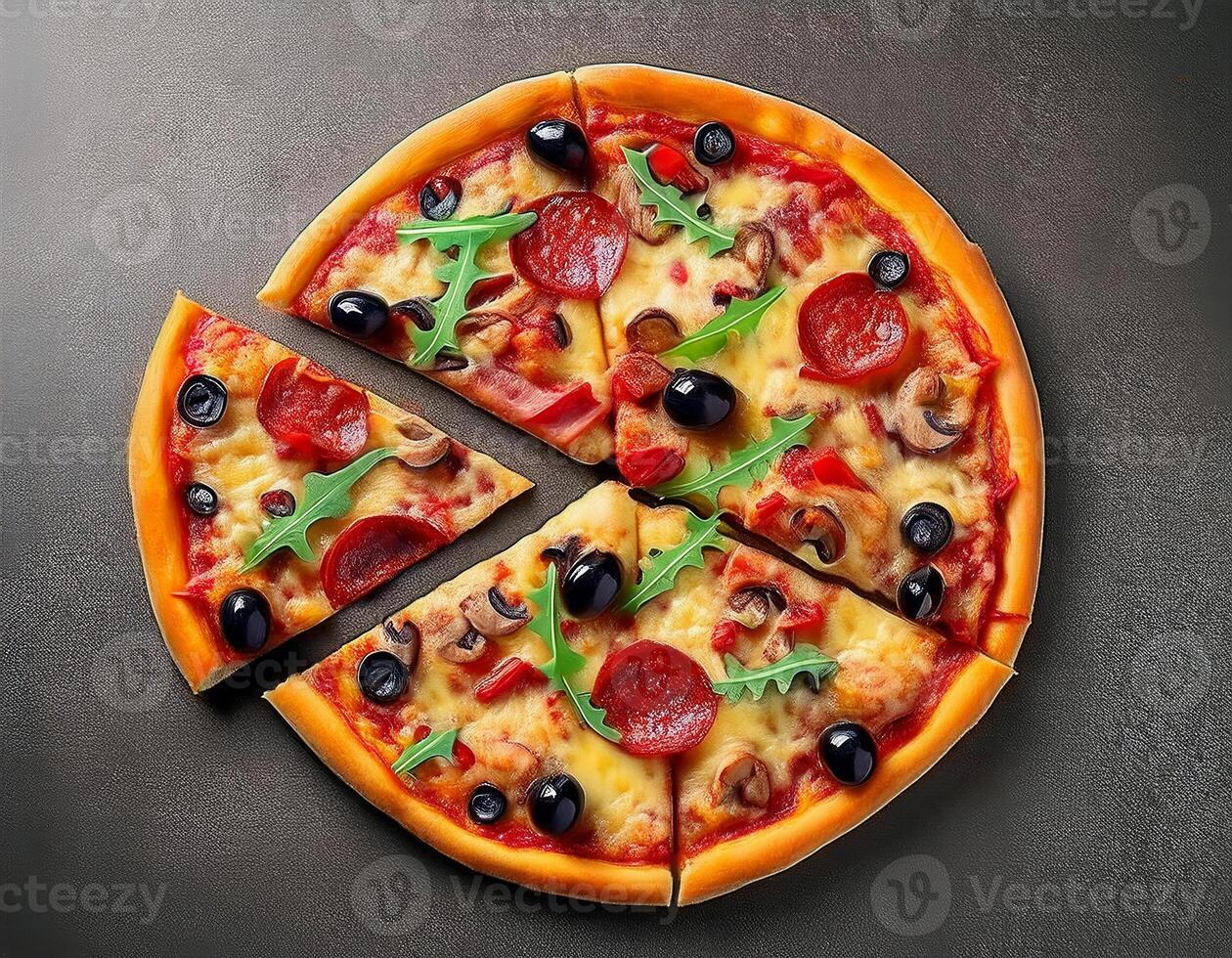 Delicious pizza with olives and sausages on table, top view photo