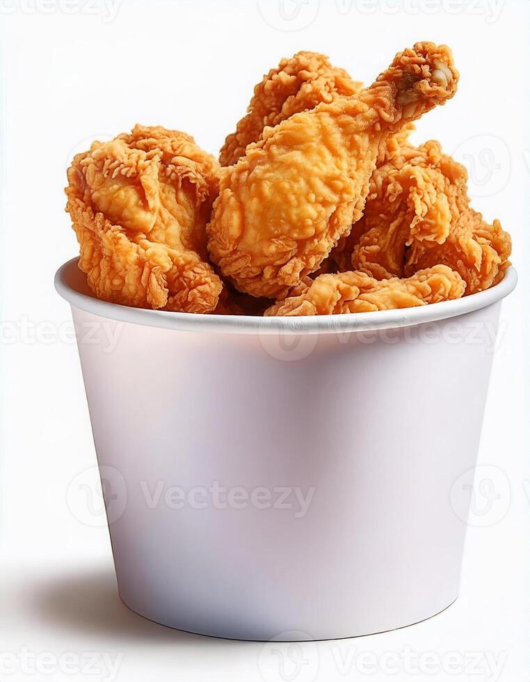 Fried chicken in paper bucket isolated on white background, Fried chicken on white With clipping path. photo