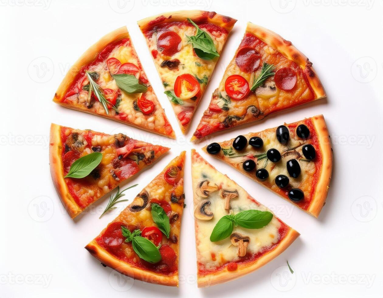 Slices of different tasty pizzas isolated on white, top view photo